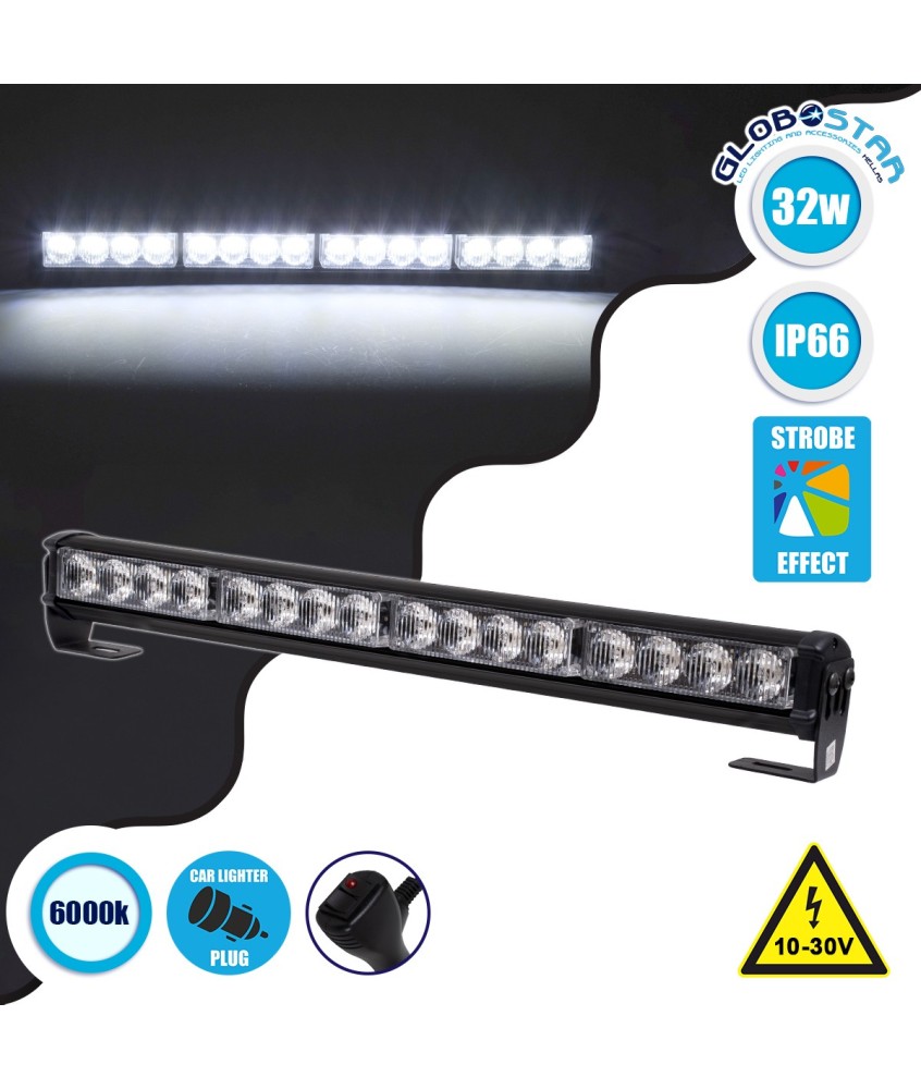 GloboStar® 85276 PRO Series Μπάρα Σήμανσης Οχήματος Ασθενοφόρου για Αυτοκίνητα & Φορτηγά 16 Προγραμμάτων Φωτισμού STROBE LED SMD 3030 32W DC 10-30V Αδιάβροχη IP66 Ψυχρό Λευκό 6000K